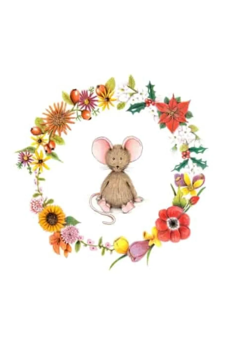 Anillustration Ansichtkaart Muisje in bloemenkrans