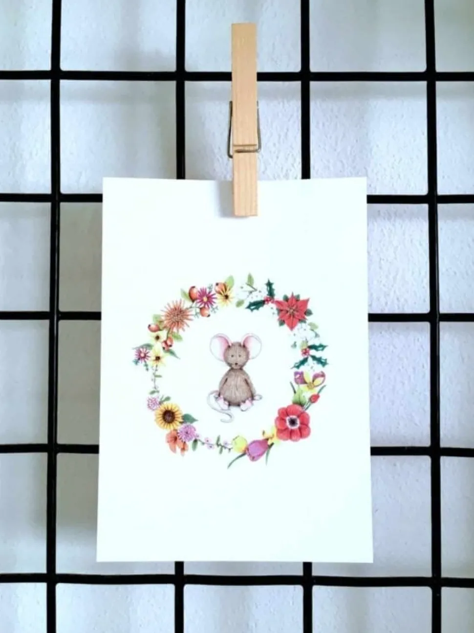 Anillustration Ansichtkaart Muisje in bloemenkrans