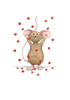 Anillustration Ansichtkaart Muisje gooit hartjes in de lucht