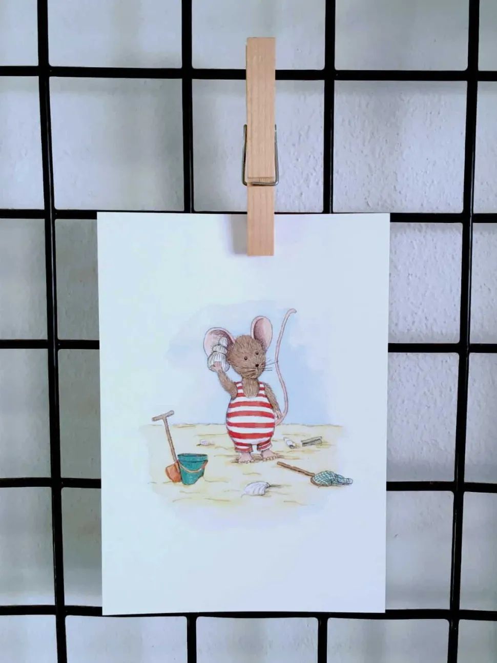 Anillustration Ansichtkaart Muisje bellen met schelp