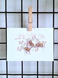 Anillustration Ansichtkaart Slapende muisjes bloesemboom