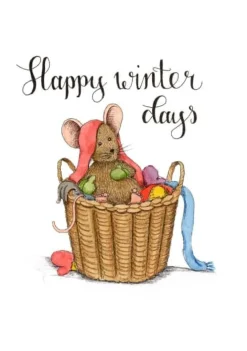 Anillustration Ansichtkaart Muisje in mand winterkleding