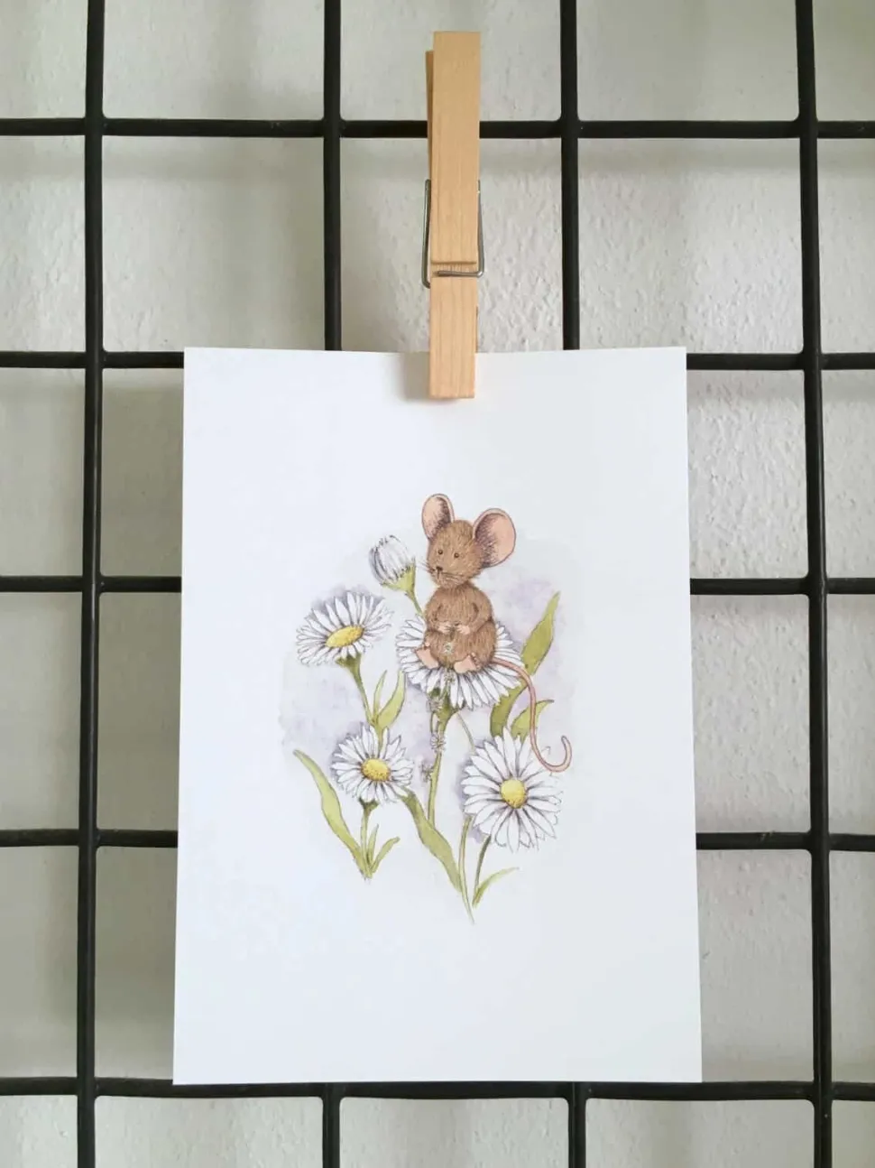 Anillustration Ansichtkaart Muisje op Madeliefjes