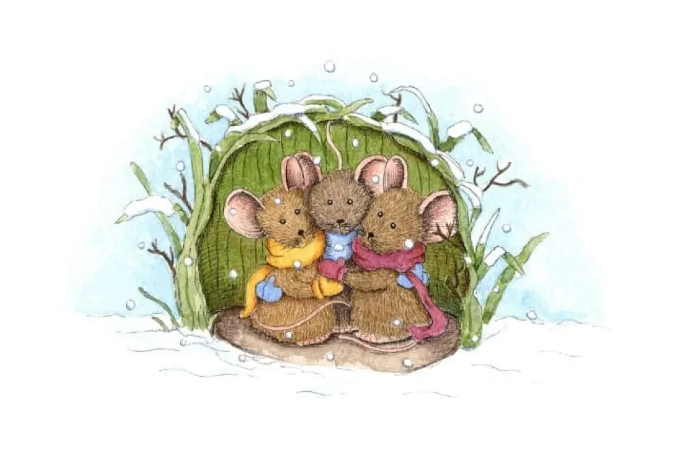 Anillustration Ansichtkaart Muisjes schuilen voor sneeuw