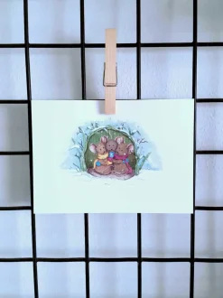 Anillustration Ansichtkaart Muisjes schuilen voor sneeuw