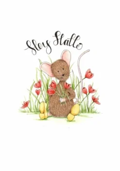 Anillustration Ansichtkaart Hey hallo muisje met tulpen