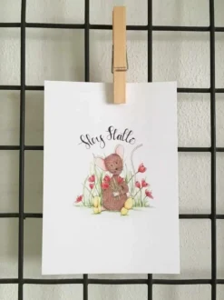Anillustration Ansichtkaart Hey hallo muisje met tulpen