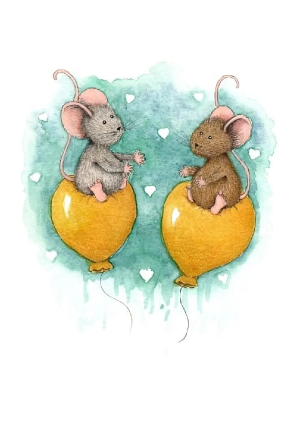 Anillustration Ansichtkaart Muisjes op gele ballonnen liefde