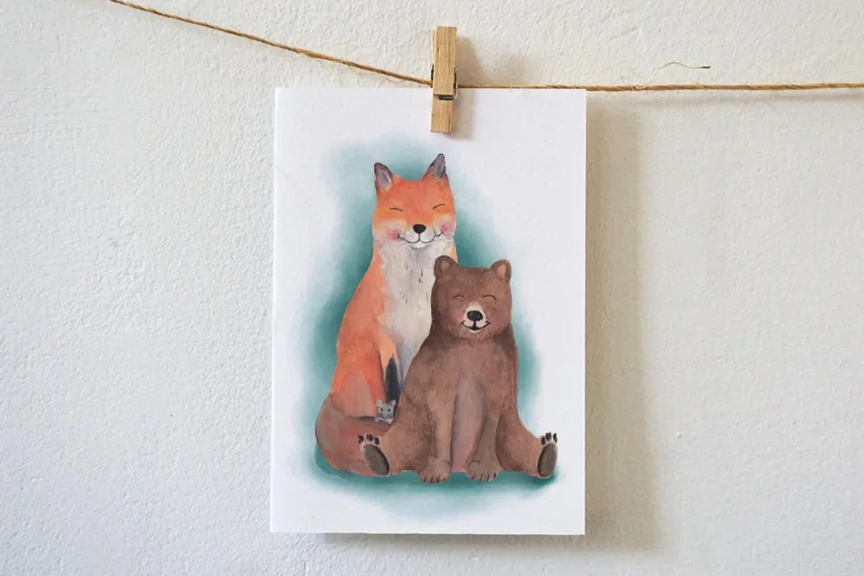 Lotte Drouen Ansichtkaart Knuffelende Vos, Beer en Muis