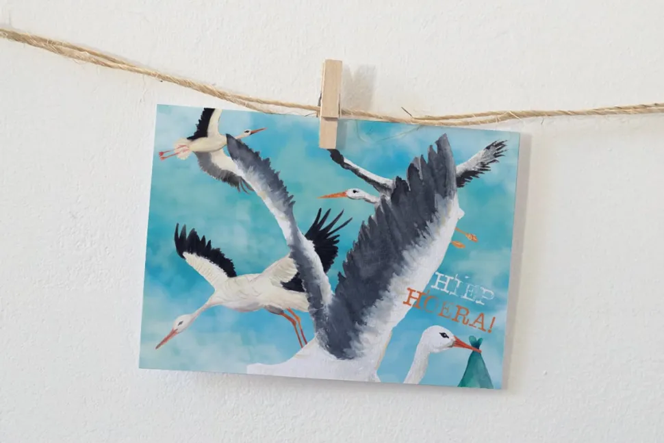 Lotte Drouen Ansichtkaart Hiep hiep hoera ooievaar