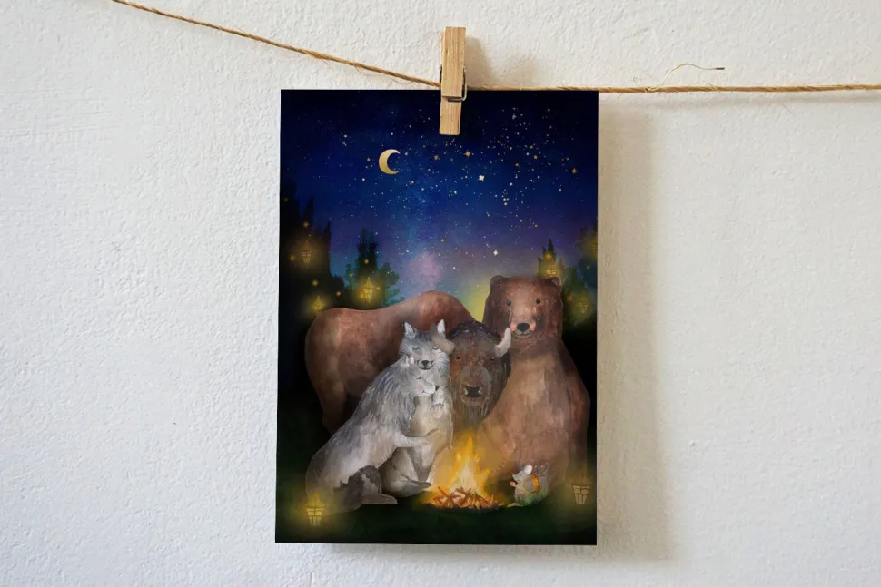 Lotte Drouen Ansichtkaart Kampvuur met Wilde Dieren