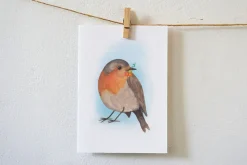 Lotte Drouen Ansichtkaart Roodborstje met bloemen