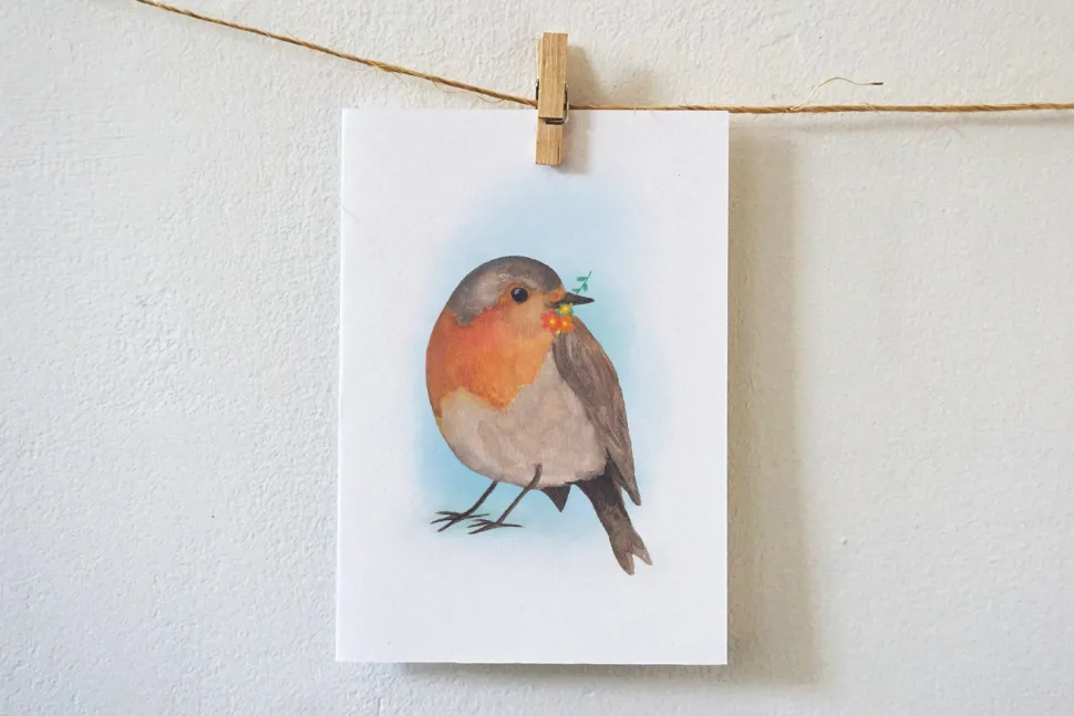 Lotte Drouen Ansichtkaart Roodborstje met bloemen